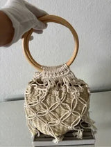 Boho Woven Straw Basket Bag Macrame Wood Ring Handle Beach Tote Cream Tan