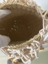 Boho Woven Straw Basket Bag Macrame Wood Ring Handle Beach Tote Cream Tan