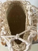 Boho Woven Straw Basket Bag Macrame Wood Ring Handle Beach Tote Cream Tan
