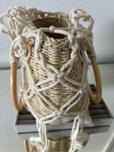 Boho Woven Straw Basket Bag Macrame Wood Ring Handle Beach Tote Cream Tan