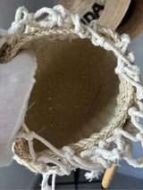 Boho Woven Straw Basket Bag Macrame Wood Ring Handle Beach Tote Cream Tan