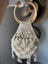 Boho Woven Straw Basket Bag Macrame Wood Ring Handle Beach Tote Cream Tan