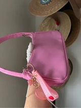Y2K Pink Patent Shoulder Bag w/ Kawaii Charm Baguette Purse Cute Glossy
