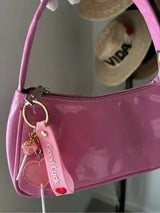 Y2K Pink Patent Shoulder Bag w/ Kawaii Charm Baguette Purse Cute Glossy