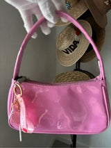 Y2K Pink Patent Shoulder Bag w/ Kawaii Charm Baguette Purse Cute Glossy