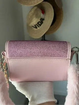 Pink Rhinestone Faux Fur Shoulder Bag Y2K Barbiecore Glam Purse w Charm