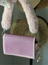 Pink Rhinestone Faux Fur Shoulder Bag Y2K Barbiecore Glam Purse w Charm