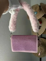 Pink Rhinestone Faux Fur Shoulder Bag Y2K Barbiecore Glam Purse w Charm
