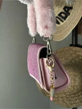 Pink Rhinestone Faux Fur Shoulder Bag Y2K Barbiecore Glam Purse w Charm