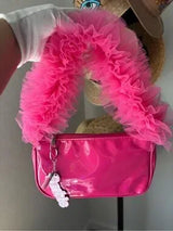 Barbie Pink Patent Shoulder Bag Ruffle Handle Charm Y2K Style NWT