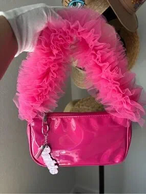 Barbie Pink Patent Shoulder Bag Ruffle Handle Charm Y2K Style NWT