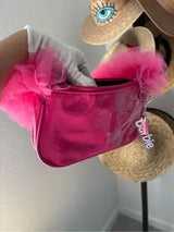 Barbie Pink Patent Shoulder Bag Ruffle Handle Charm Y2K Style NWT