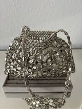 NWT Silver Metallic Beaded Mini Shoulder Bag Y2K Party Evening Purse