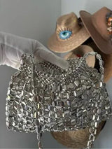 NWT Silver Metallic Beaded Mini Shoulder Bag Y2K Party Evening Purse