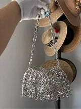 NWT Silver Metallic Beaded Mini Shoulder Bag Y2K Party Evening Purse