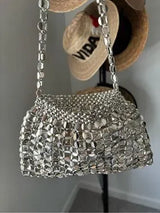 NWT Silver Metallic Beaded Mini Shoulder Bag Y2K Party Evening Purse