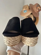 Black Espadrille Platform Slide Sandals Wedge Raffia Women’s US 8 EU 38