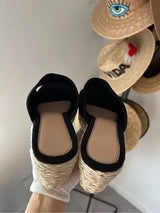 Black Espadrille Platform Slide Sandals Wedge Raffia Women’s US 8 EU 38