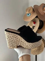 Black Espadrille Platform Slide Sandals Wedge Raffia Women’s US 8 EU 38