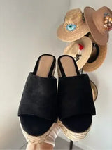 Black Espadrille Platform Slide Sandals Wedge Raffia Women’s US 8 EU 38
