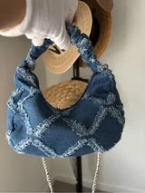 Denim Crescent Shoulder Bag Blue Frayed Crossbody Chain Purse Y2K Boho Chic