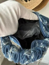 Denim Crescent Shoulder Bag Blue Frayed Crossbody Chain Purse Y2K Boho Chic