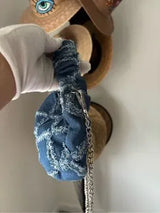 Denim Crescent Shoulder Bag Blue Frayed Crossbody Chain Purse Y2K Boho Chic