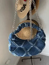 Denim Crescent Shoulder Bag Blue Frayed Crossbody Chain Purse Y2K Boho Chic