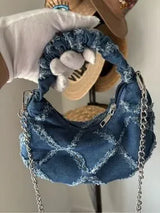 Denim Crescent Shoulder Bag Blue Frayed Crossbody Chain Purse Y2K Boho Chic