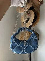 Denim Crescent Shoulder Bag Blue Frayed Crossbody Chain Purse Y2K Boho Chic
