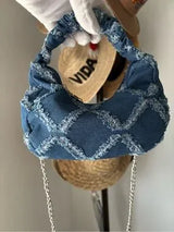 Denim Crescent Shoulder Bag Blue Frayed Crossbody Chain Purse Y2K Boho Chic