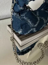 Denim Crescent Shoulder Bag Blue Frayed Crossbody Chain Purse Y2K Boho Chic