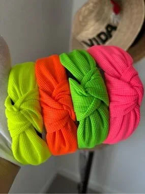🌈 4-Piece Neon Knotted Headband Set | Hot Pink, Lime, Orange & Neon Yellow | Bou