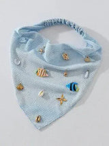 🐚 Beach Seashell Starfish Fish Embroidered Head Scarf Hair Band Blue Boho Vacay