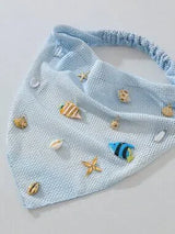 🐚 Beach Seashell Starfish Fish Embroidered Head Scarf Hair Band Blue Boho Vacay