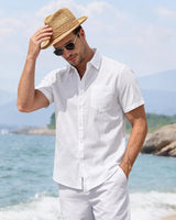 Men’s White Linen Blend Short Sleeve Shirt with Pocket – Large