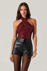 ASTR Wine Sequin Halter Top Small Crossover Neck Sparkly Party Top